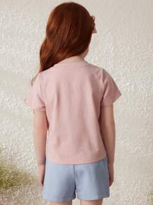 Blossori Young Girls French Elegant Pink Knit T-Shirt And Blue Woven Shorts Set, Spring/Summer - Multicolor - View 2