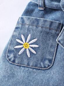 Young Girls White Flower Embroidered Shirt Collar Casual Washed Denim Jumpsuit With Belt