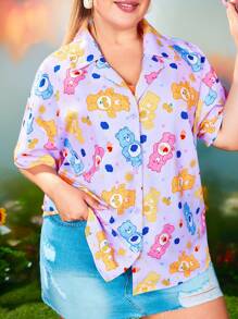 SHEIN X Care Bears Plus Size Summer Casual Bear Print Short Sleeve Shirt - Purple - View 1