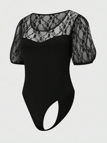 SHEIN Clasi 大码女式撞色蕾丝圆领短款灯笼袖紧身衣 - 黑色 - 查看 7