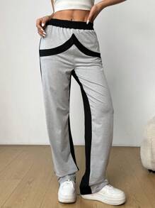 SHEIN Unity Women's Fashion Casual Black & Grey Patchwork Pants Fall Cloth For Women - Black - View 4