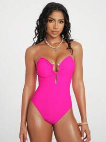 Swim EVENT 1pc Spring Break Solid Magenta Color One-Piece Serpentine Sexy Avant-Garde Bikini Swimsuit For Women For Summer Beach Vacation - Hot Pink - View 2
