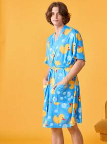 Happy Jammies Bata ligera con estampado de pato amarillo lindo, de manga corta, adecuada para primavera y verano