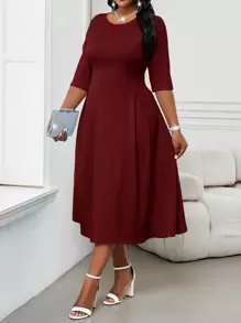 SHEIN Lady Spring And Summer Autumn And Winter Elegant Commuting Office Baby Blue Knitted Round Neck Flared Ruched Ruched Three Quarter Length Sleeve Plus Size Dresses Elegant Women Dresses Classy Outfits - Burgundy - View 4