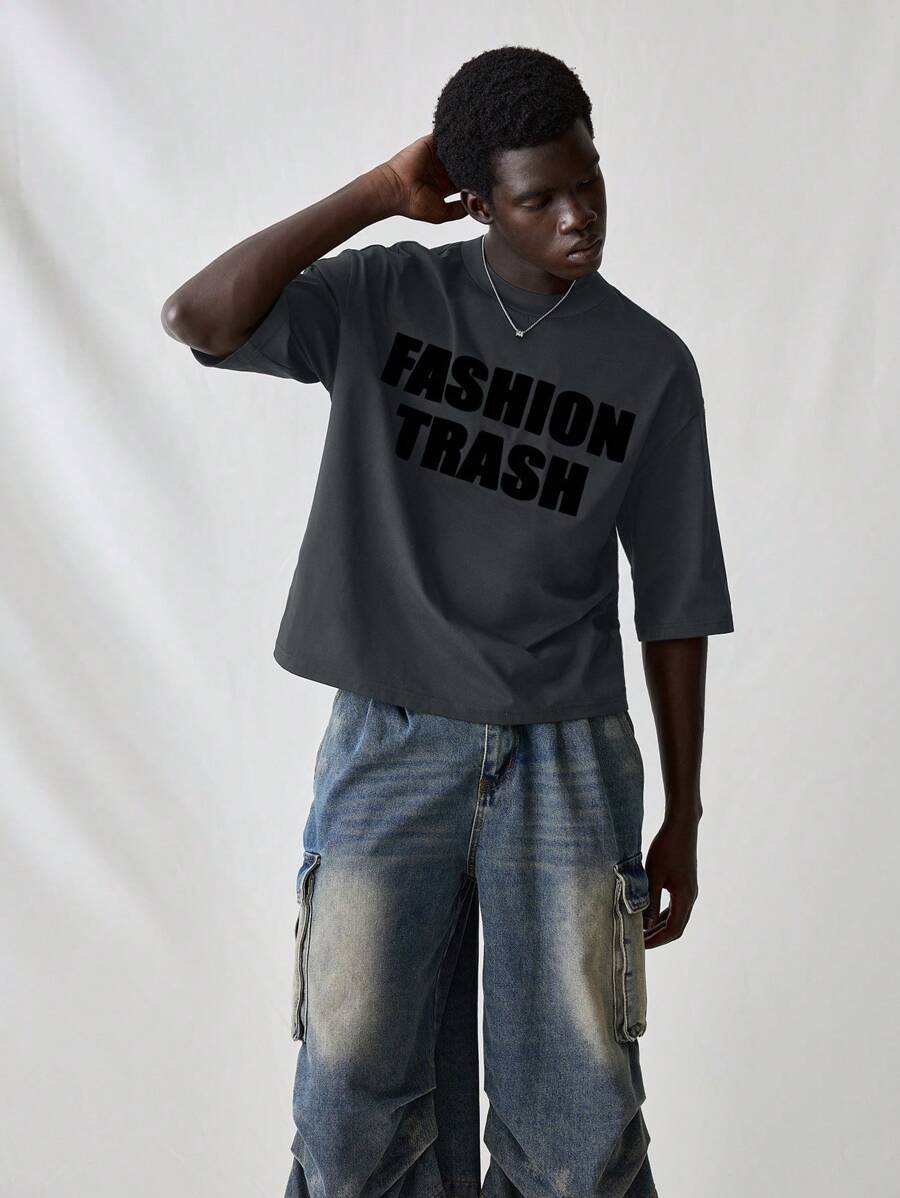 SWAVVY Men's Fashion Casual Loose English Text Graphic Print Short Sleeve T-Shirt - Dark Grey - View 1