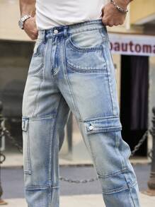 Manfinity Homme Men's Casual Washed Blue Slim Fit Cargo Jeans - Light Wash - View 4