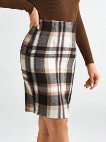 SHEIN LUNE 女式格子高腰侧开衩铅笔裙 - 彩色 - 查看 3