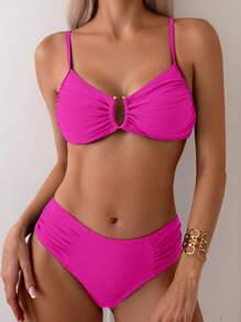 Swim Basics 2pcs Solid Color Ruched Cami Bra And High Waisted Bikini Bottoms Set For Summer Beach Vacation - Hot Pink - View 4