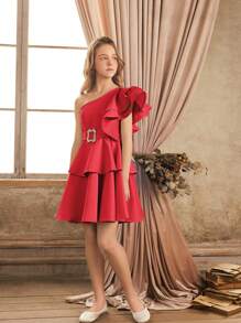 SHEIN Tween Girls' Elegant Ruffled Asymmetrical Shoulder Detachable Waist Belt Dress - Red - View 1
