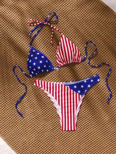 Swim Vcay 4th Of July Celebration - Women Halter Bikini Set With American USA Flag Print, For Summer Beach Vacation