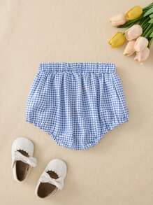 SHEIN Shorts pour bébés filles, style coréen décontracté, mignons à carreaux bleus avec décoration de boutons, convenant à diverses occasions, été