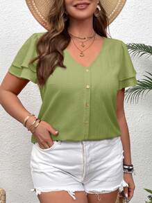 SHEIN Clasi 大码度假荷叶边 V 领短袖衬衫 - 薄荷綠 - 查看 3