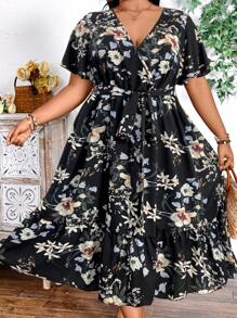 SHEIN CURVE+ Plus Size Women Floral Print V-Neck Ruffle Hem Short Sleeve Dress - Black - View 1