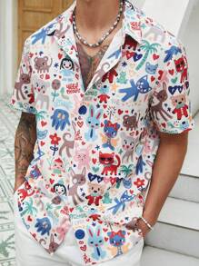 Manfinity Roghcode Men's Casual Daily Wear For Beach Vacations, Featuring A Classic Playful Illustration Design With Digital Prints Of Cute Cartoons Including Rabbits, Kittens, Puppies, Teddy Bears, Dolls, Coconut Trees, Hearts, Stars, And Flowers On A Relaxed Short-Sleeve Shirt, Cartoon Vacation Shirts - Multicolor - View 1