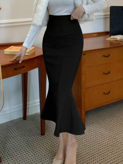 DAZY Jupe ajustée à volants avec ourlet de sirène de couleur unie élégante pour femmes