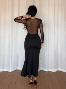 Elenzga Nuevo vestido de mujer con cuello redondo, empalme de malla, escote en V profundo semitransparente, manga larga y abertura alta, vestido elegante y sexy para ocio de las damas - Negro - Ver 2