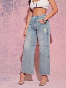 Denimoi Casual Ripped Wide Leg Faded Jeans With Seams - Light Wash - View 1