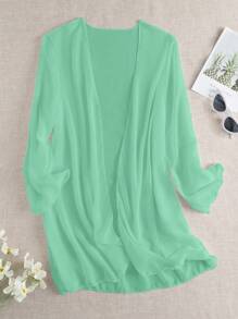 SHEIN Swim Women's Solid Color Loose Fit Long Sleeve Open Front Kimono Cover Up, Suitable For Vacation For Summer - Mint Green - View 1