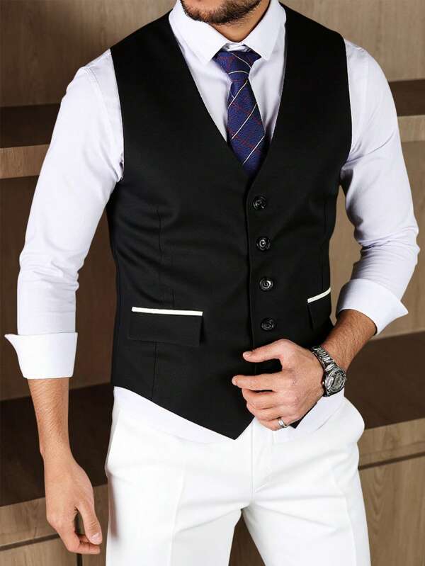 Manfinity Mode Chaleco casual de hombre con ribete de contraste para la oficina