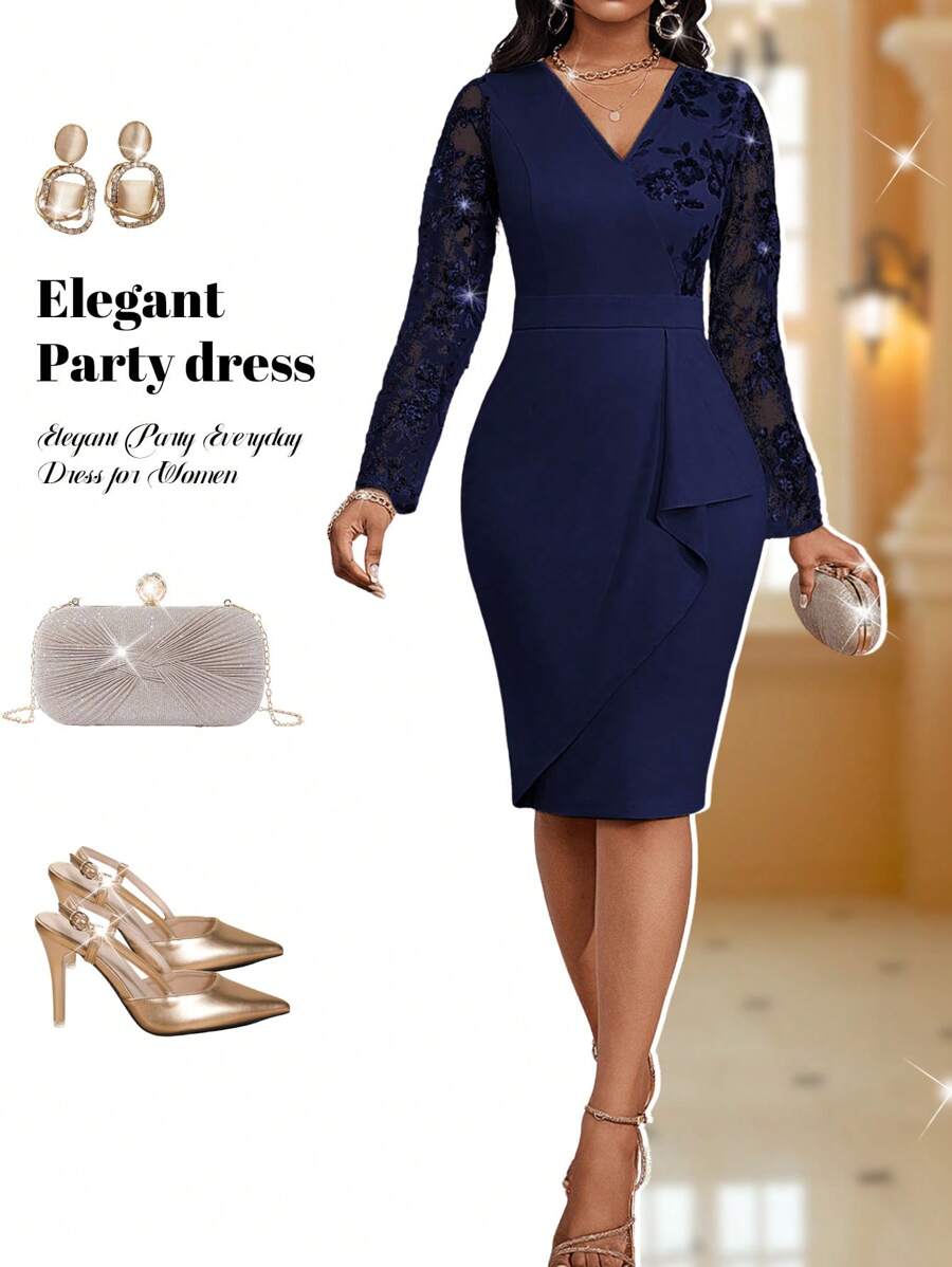 Fleurora 四季长袖连衣裙 新年夜连衣裙 节日连衣裙 女士派对连衣裙 短款圣诞连衣裙 优雅蓝色连衣裙 秋季连衣裙 返校节连衣裙 花卉亮片 V 领网眼长袖荷叶边下摆修身秋季连衣裙 女士中长连衣裙 - 藏蓝色 - 查看 1