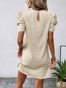 SHEIN Clasi Solid Puff Sleeve Keyhole Back Dress Texture Fabric - Apricot - View 2