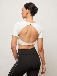 Activina Women V-Neck Twist Back Short Sleeve Solid Color Cropped Back Tee - White - View 1