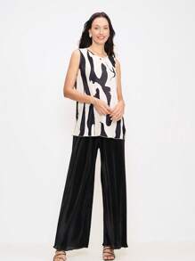 EMERY ROSE Set de 2 piezas de parte superior sin mangas de cuello redondo y pantalones impresos informales para mujer