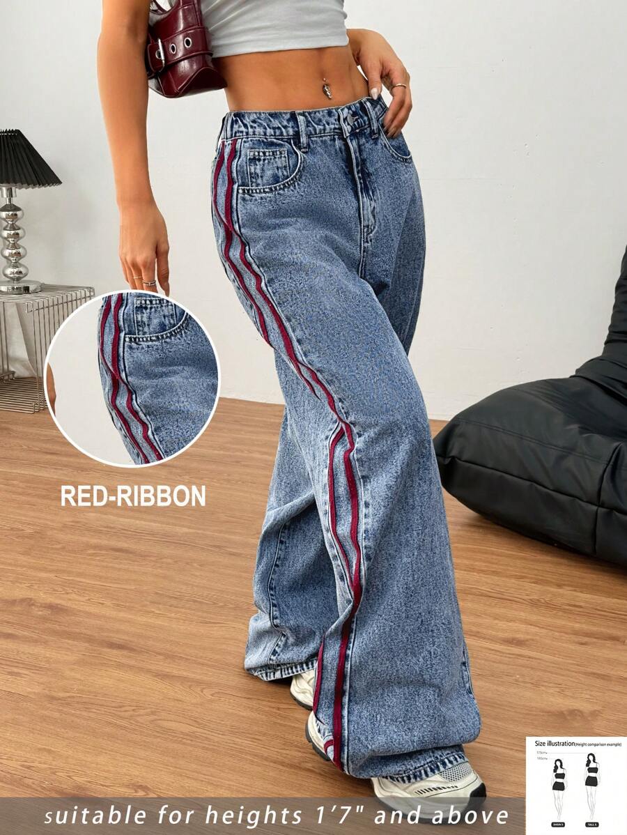SHEIN Tall Women's Jeans Casual Fit Straight Trousers Blue Tall Women Baggy Low Rise Pants Summer For Spring - Medium Wash - View 1