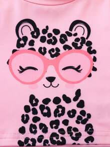 SHEIN Playful Pals 2件組女嬰休閒豹貓印花長袖T恤與長褲套裝，舒適百搭，適合戶外穿著，秋冬款 - 粉色 - 查看 4