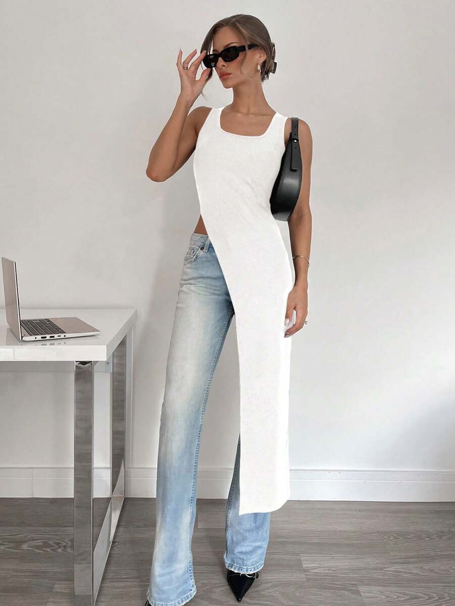 Siren Gaze Spring/Summer New Dark-Tone Extra Long Open Slit Women Camisole,Rave Top White - White - View 1
