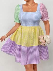 Flirla Plus Size Women Square Collar Short Puff Sleeve Striped Patchwork Color Block Midi Dress - Multicolor - View 2