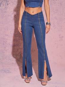 SHEIN Unity Celana Jeans Wanita Model Flare Kasual dengan Desain Resleting dan Pinggang Bentuk V - Medium Wash - View 2