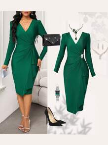 Fleurora Birthday Party Dresses Wedding Guest Dress Green Satin Light Elastic Slim Fit Ruffled Long Sleeve Ladies Dress For Spring And Summer Work Party Business Elegant Dress Long Sleevegreen Long Sleeve Dressemerald Green Dress Womenwomen Dresses Green