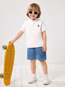 SHEIN Leap Crew 2pcs/Set Toddler Boy Plain Short Sleeve Shirt And Shorts Set, Simple And Fashionable, Suitable For Summer