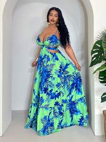 Slaydiva 女式夏季度假性感露背花卉印花长裙，可调节腰带 - 彩色 - 查看 5