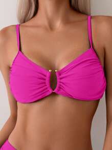 Swim Basics 2pcs Solid Color Ruched Cami Bra And High Waisted Bikini Bottoms Set For Summer Beach Vacation - Hot Pink - View 5