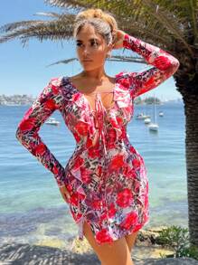 SHEIN SXY Summer/Beach;Sexy, Elegant, Romantic Sheer Large Floral All-Over Print Mini Dress With Hollow Front, Long Balloon Sleeves, Ruffle Hem Slit Net Overlay Dress For Date, Casual, Valentine's Day, Night Out, Birthday, Party, Clubbing, Island Vacation, Holiday - Multicolor - View 4