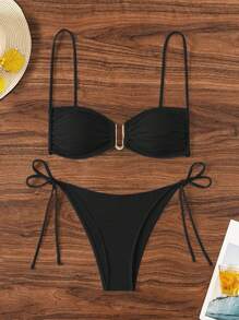 SHEIN Swim Bikini de dos piezas de unicolor con textura para vacaciones en la playa - Negro - Ver 1