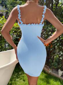 SHEIN Privé Women Plain Color Frill Trim Rib-Knit Bodycon Mini Dress, Sleeveless - Baby Blue - View 2