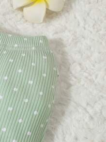 2pcs Baby & Toddler Girl Green Cute Polka Dot Print Short Sleeve Top And Flare Pants Casual Home Outfit