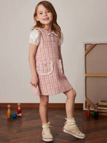 PrepCrw Young Girls' Tweed Puff Sleeve A-Line Dress With Lapel, Pink, Spring/Summer - Pink - View 4