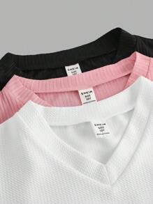 SHEIN Leap Crew Tween 女童度假休闲纹理三色 V 领简约时尚 T 恤 - 彩色 - 查看 3