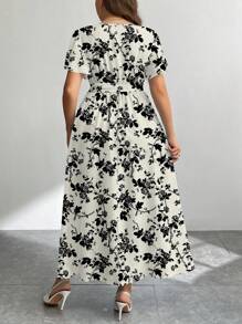 Firerie Black & White Rose Print Casual Vintage Floral Pattern Loose Plus Size Dress, Suitable For Autumn/Winter,Beach Dress Sundress,Holiday Outfits Boho - Black and White - View 2