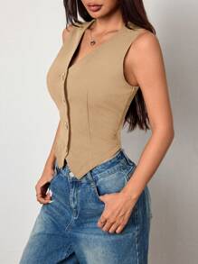 K-Vae Atasan Tank Top Wanita Kasual Warna Polos Rajut Leher V Pas Badan untuk Musim Gugur/Dingin - Khaki - View 5