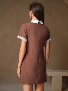 Anewsta Elegant Rhinestone & Pearl Embellished Lapel Maillard Color Dress For Women - Rust Brown - View 2