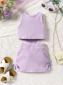 Baby Girls Asymmetric Hem Top And Pleated Skirt 2pcs Set, Elegant And Cute Infant Fashion Girls Outfit Sets