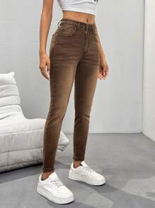 SHEIN Essnce Women's Slim Fit Casual Everyday Jean Pants With Pockets - Coffee Brown - View 6
