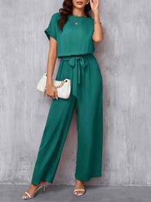 SHEIN Clasi Women's Elegant Round Neck Jumpsuit With Belted Waist & Wide Leg - Green - View 4