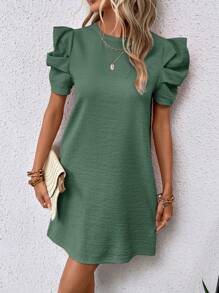 SHEIN Clasi Solid Puff Sleeve Keyhole Back Dress Texture Fabric - Green - View 4
