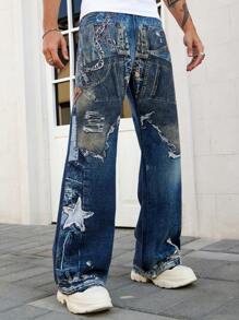 ROMWE MEN Street Life Men's Grunge Loose Fit Pentagon Wide Leg Casual Versatile Jeans - Blue - View 4